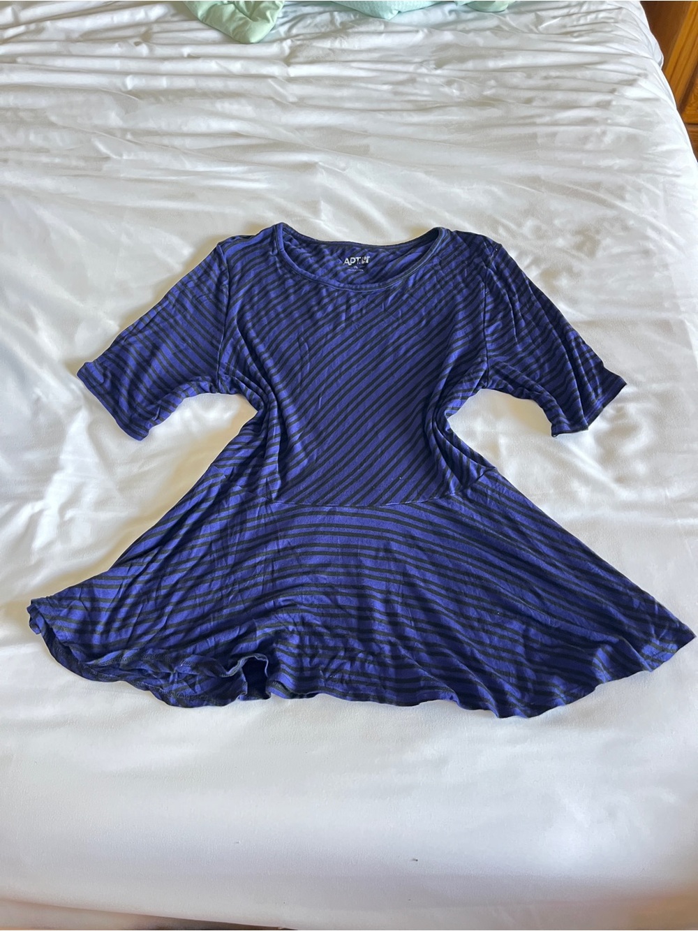 Apt 9 PL Blue & Black Striped Peplum Top Petite Large Rayon Spandex Stretch Shir